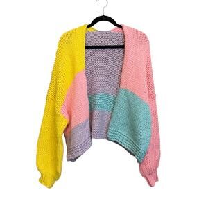 Colorblock Pastel Cardigan L/XL Chunky Knit Open Front Kidcore Twee Soft Girl